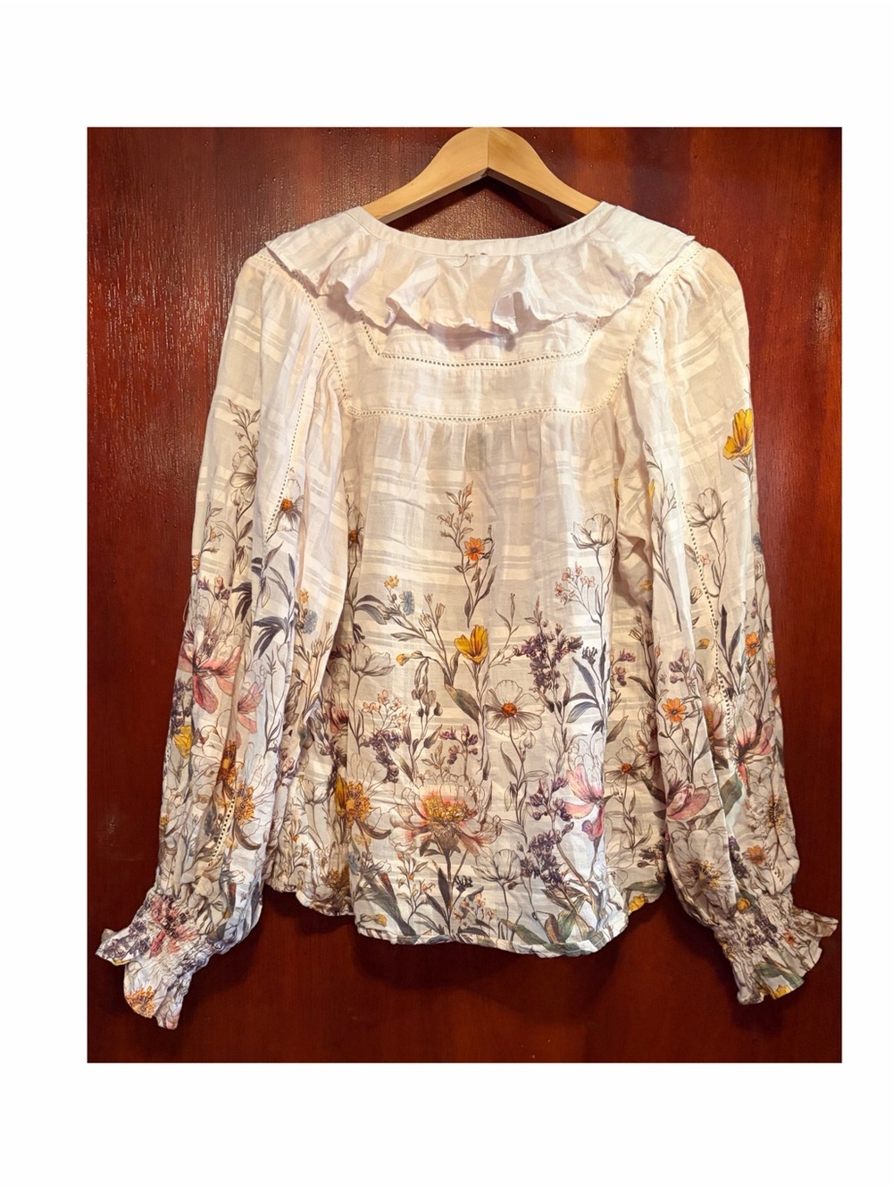 Anthropologie White Floral Ruffle V-Neck Blouse with Yellow & Pink Accents - Picture 5 of 5